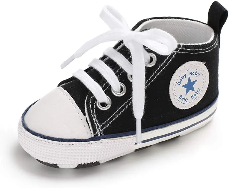 Unisex Baby Soft Sole Sneakers, Canvas Denim High Top, Newborn Infant First Walkers