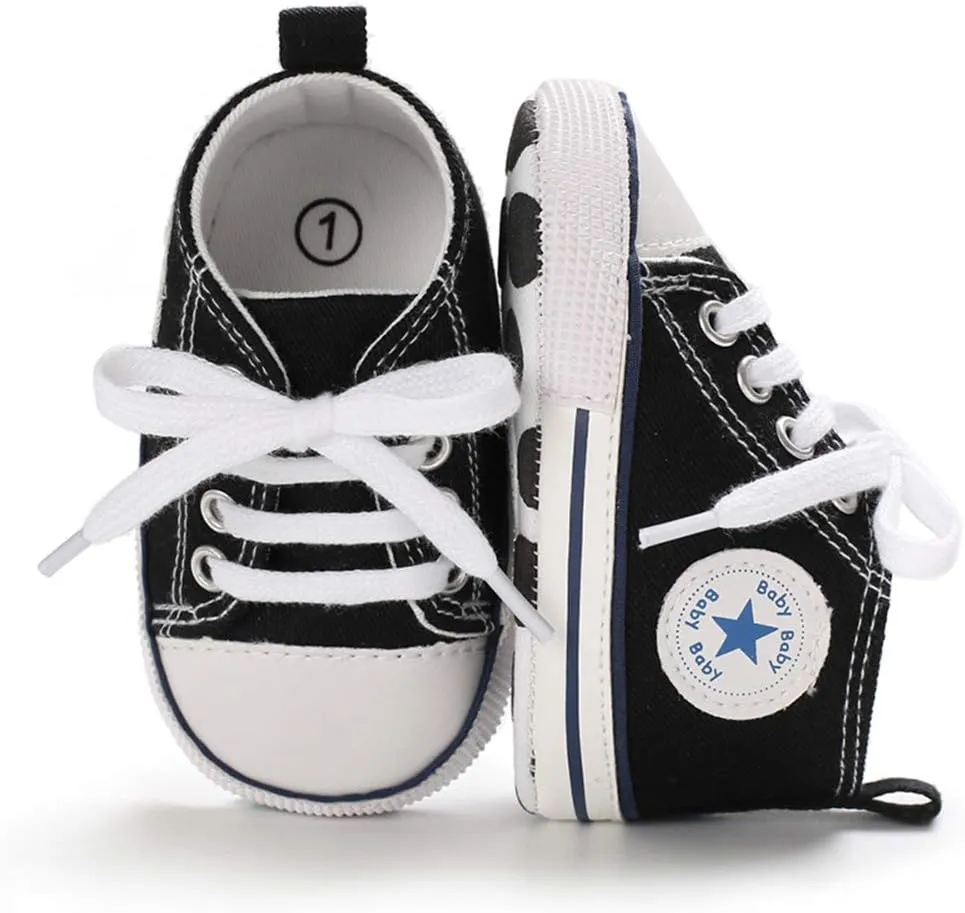 Unisex Baby Soft Sole Sneakers, Canvas Denim High Top, Newborn Infant First Walkers