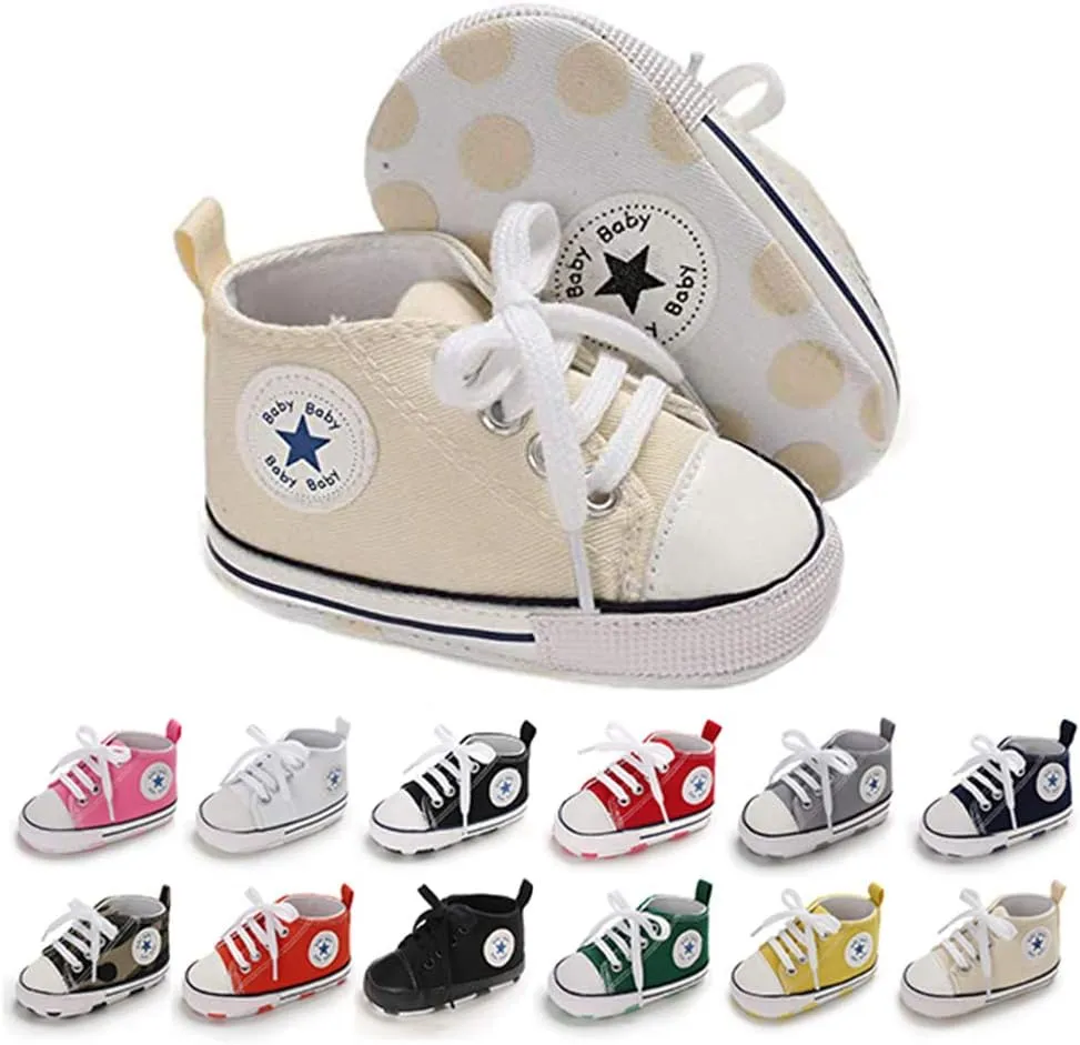 Unisex Baby Soft Sole Sneakers, Canvas Denim High Top, Newborn Infant First Walkers