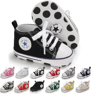 Unisex Baby Soft Sole Sneakers, Canvas Denim High Top, Newborn Infant First Walkers