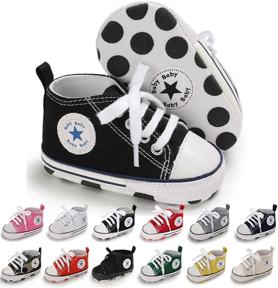 Unisex Baby Soft Sole Sneakers, Canvas Denim High Top, Newborn Infant First Walkers
