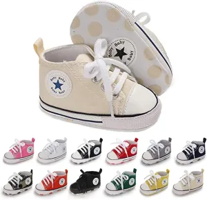 Unisex Baby Soft Sole Sneakers, Canvas Denim High Top, Newborn Infant First Walkers