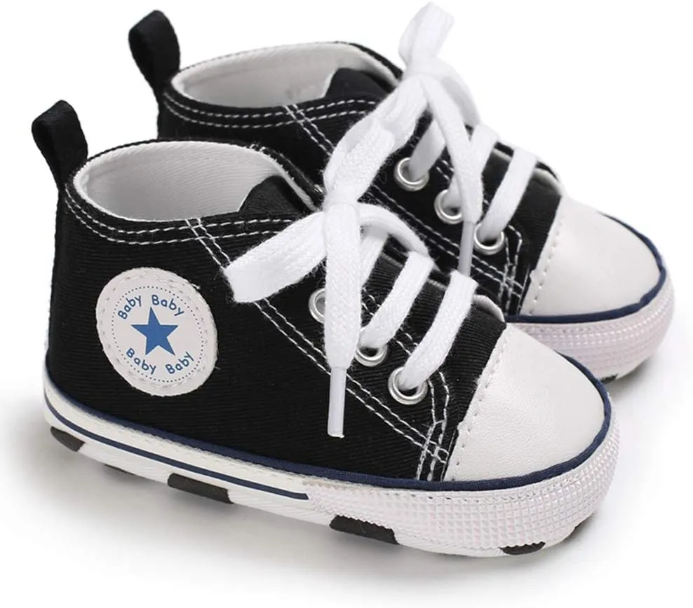 Unisex Baby Soft Sole Sneakers, Canvas Denim High Top, Newborn Infant First Walkers
