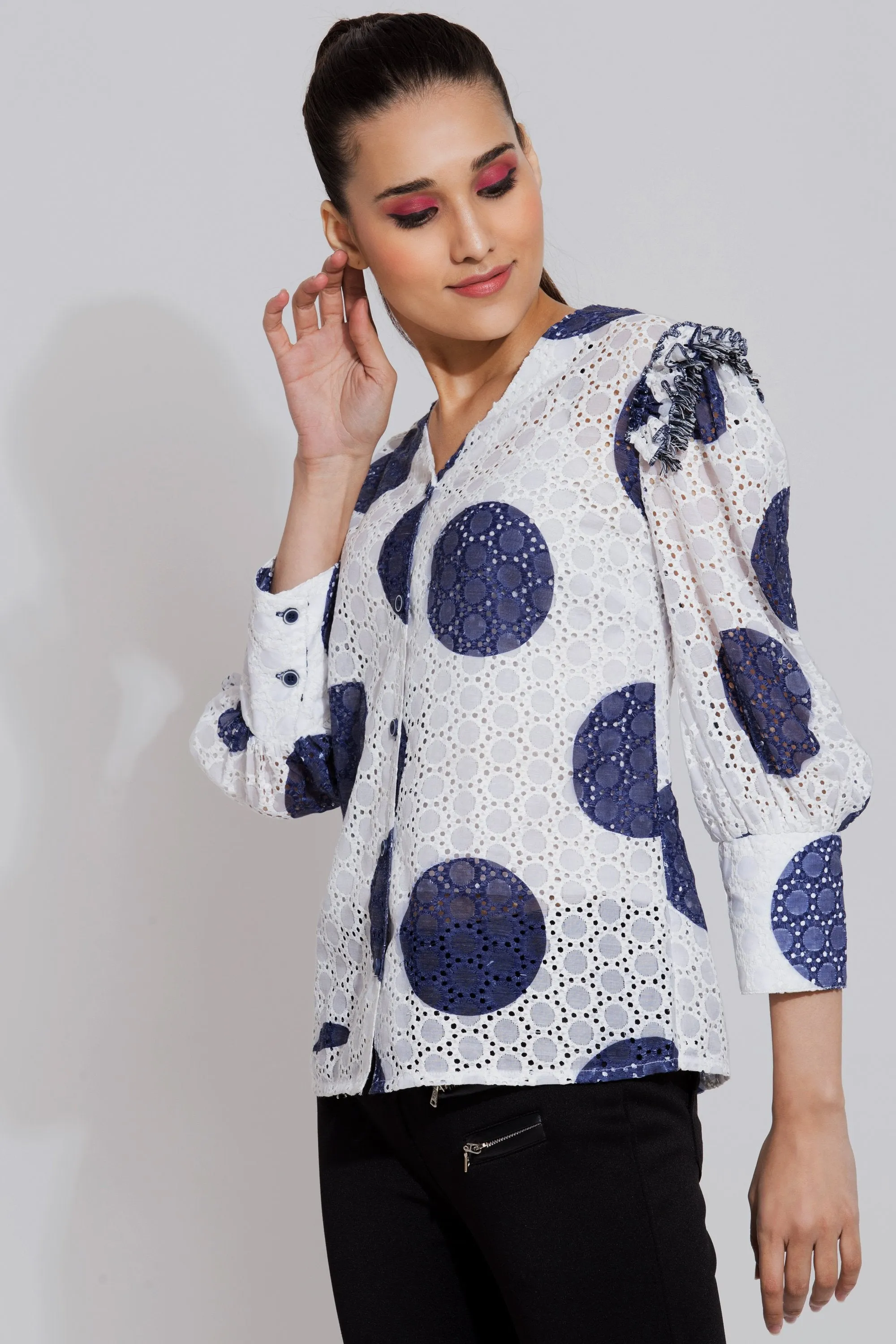 White Oversized Polka dots Blouse