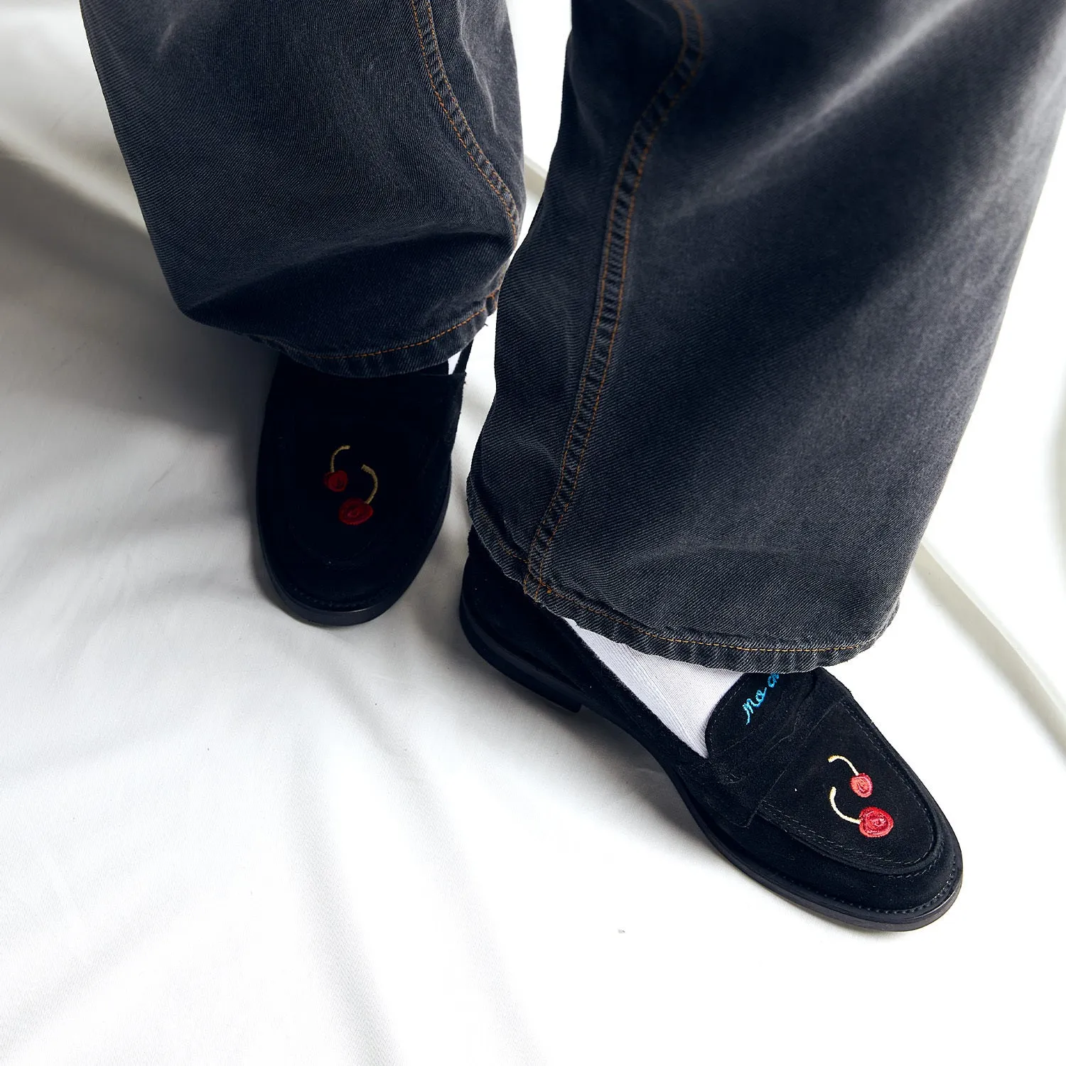 Wilde Black Suede Cherry Penny Loafer - Women's