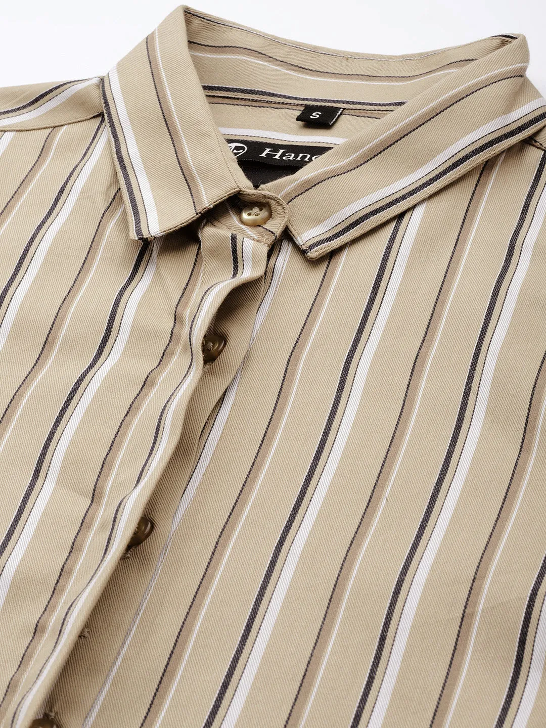 Women Beige Stripes Pure Cotton Slim Fit Formal Shirt