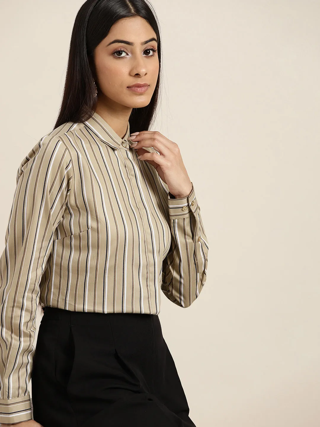 Women Beige Stripes Pure Cotton Slim Fit Formal Shirt
