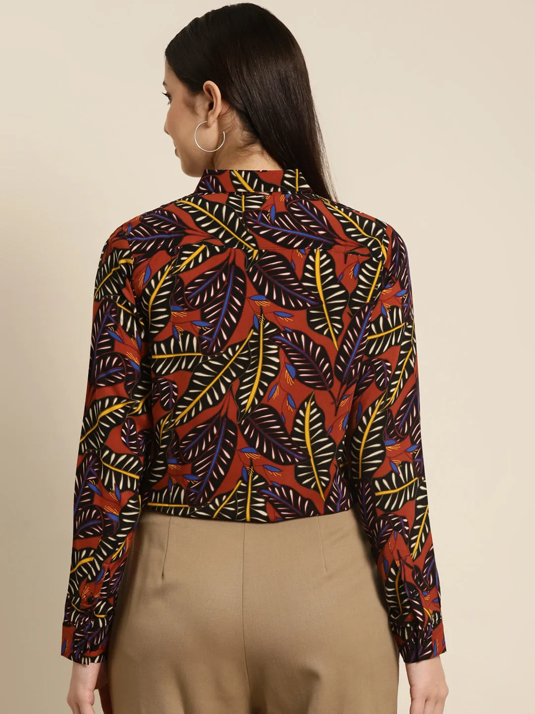 Women Black & Orange Printed Viscose Rayon Slim Fit Formal Shirt