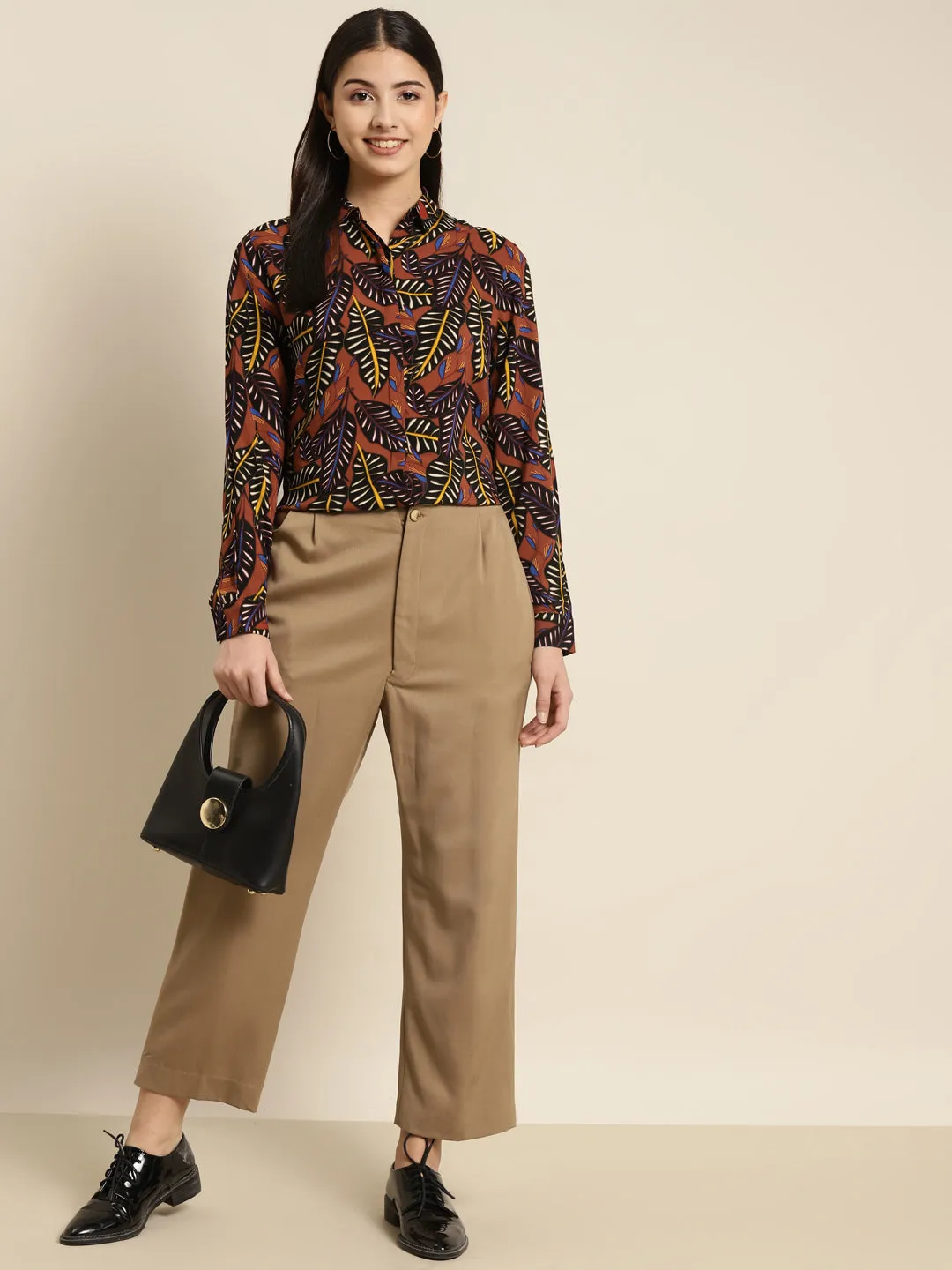 Women Black & Orange Printed Viscose Rayon Slim Fit Formal Shirt