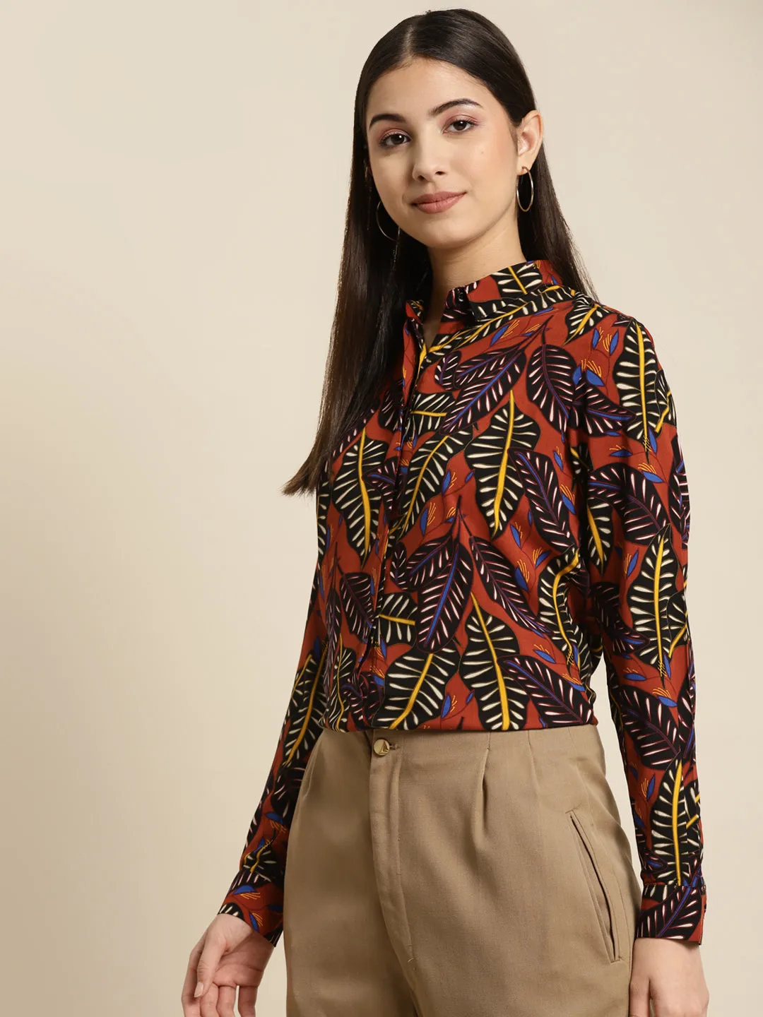 Women Black & Orange Printed Viscose Rayon Slim Fit Formal Shirt