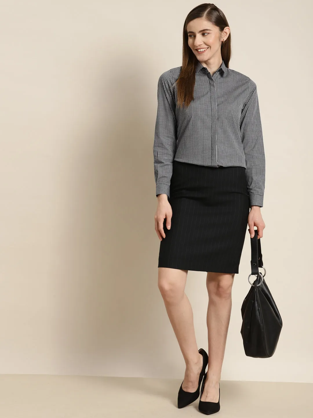 Women Grey Checked Pure Cotton Slim Fit Formal Shirt