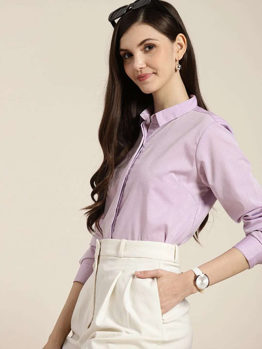 Women Lavender Solid Pure Cotton Regular Fit Formal Shirt