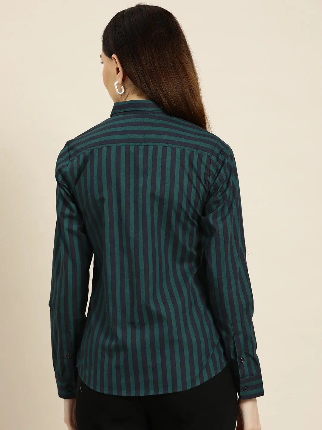 Women Navy-Green Stripes Pure Cotton Slim Fit Formal Shirt