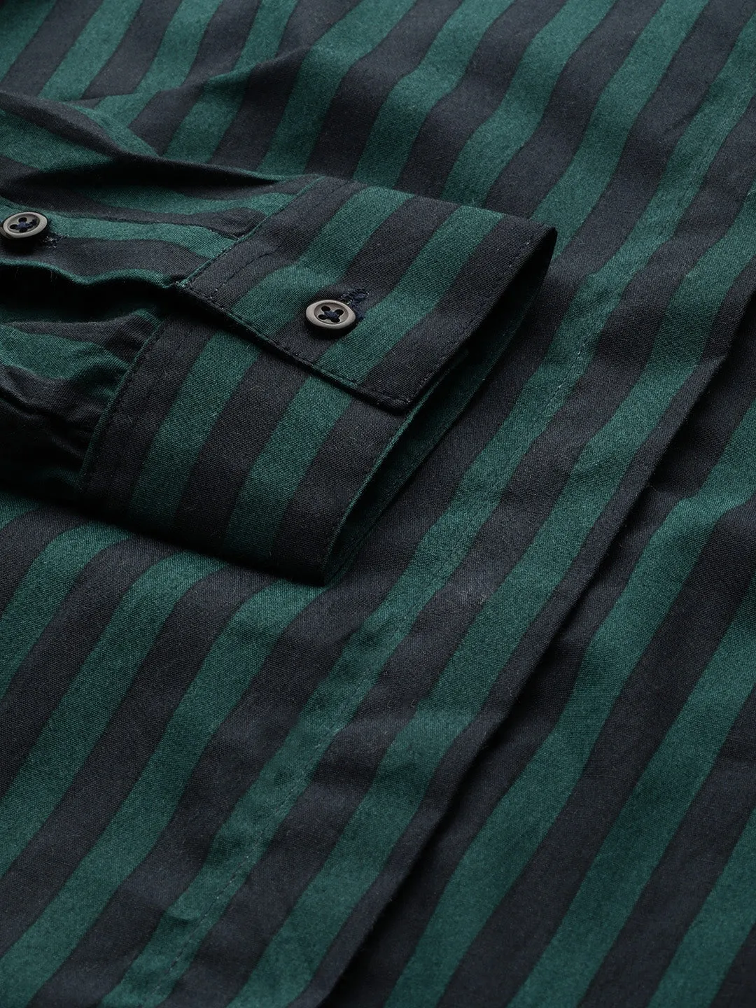 Women Navy-Green Stripes Pure Cotton Slim Fit Formal Shirt