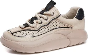 Women's Leather Mesh Lace up Platform Casual Sneakers Comfortable Cutout Chunky Increase Height Soft Non-Slip Daily Walking Shoes for Workout Outdoor Office