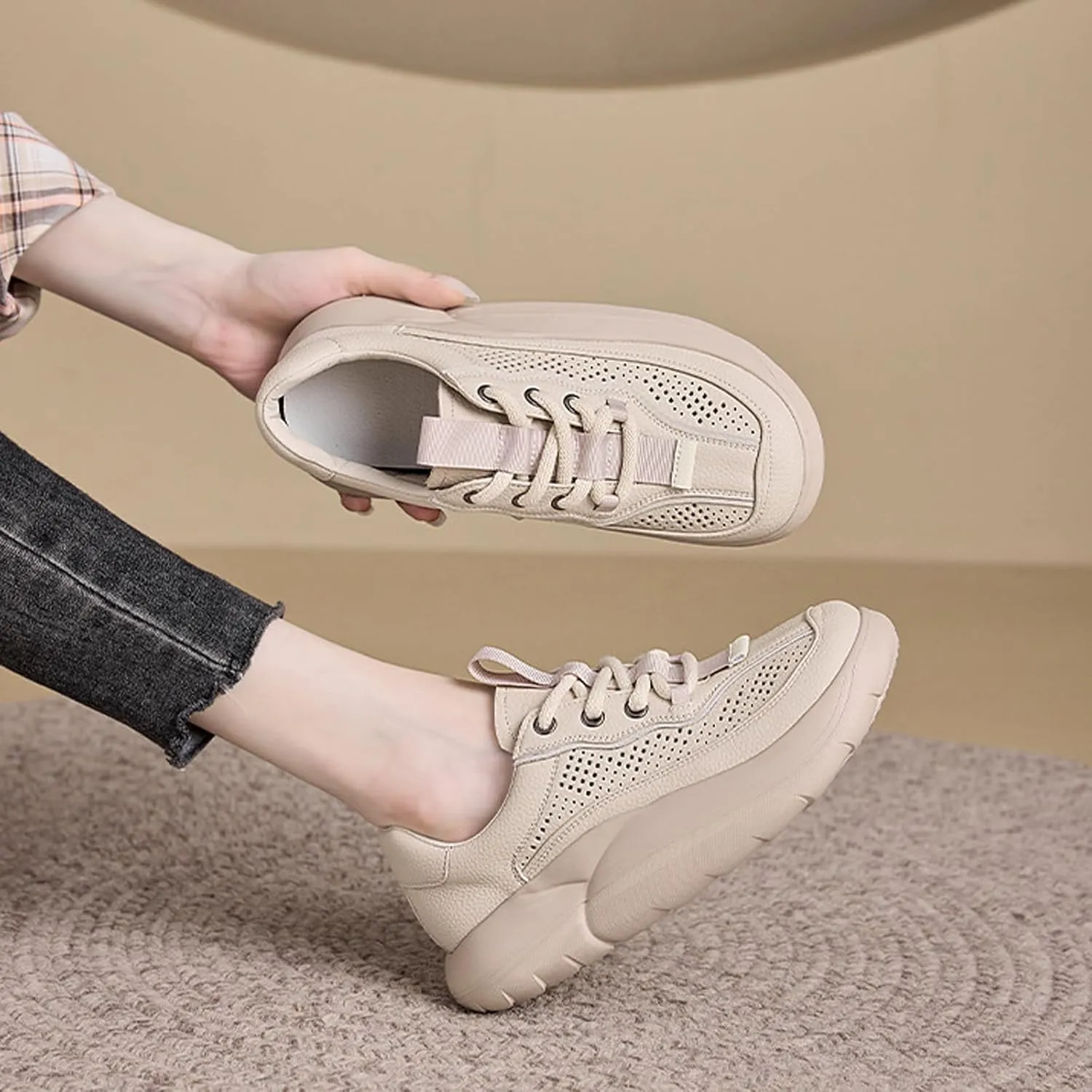 Women's Leather Mesh Lace up Platform Casual Sneakers Comfortable Cutout Chunky Increase Height Soft Non-Slip Daily Walking Shoes for Workout Outdoor Office