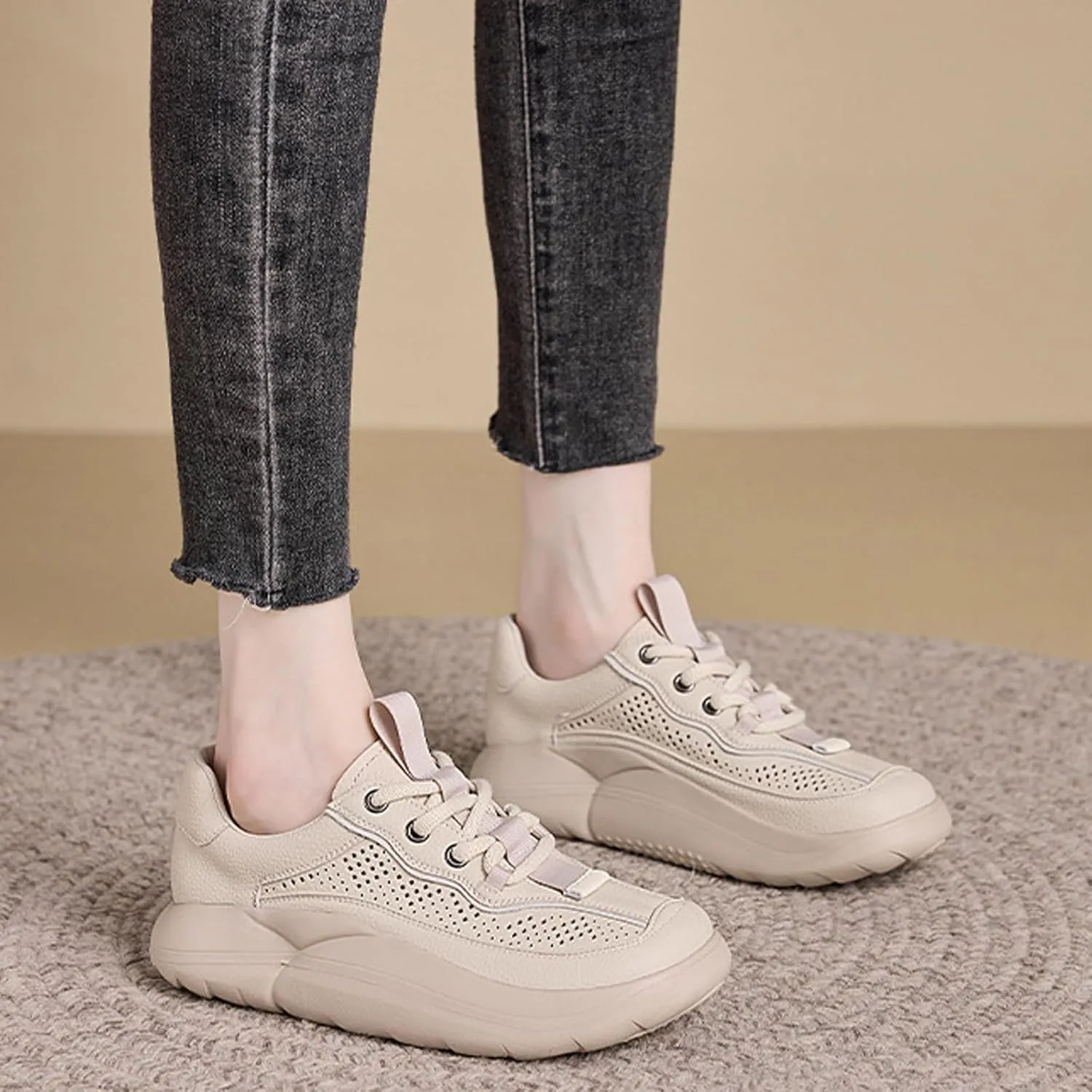 Women's Leather Mesh Lace up Platform Casual Sneakers Comfortable Cutout Chunky Increase Height Soft Non-Slip Daily Walking Shoes for Workout Outdoor Office