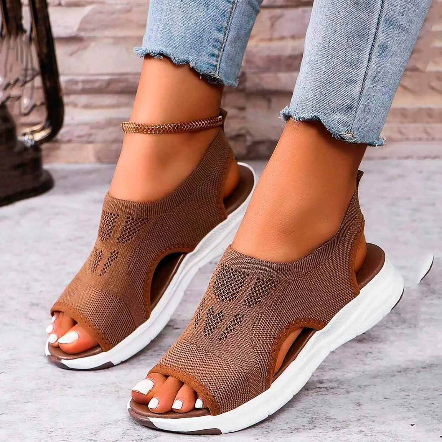 Womens Orthopedic Platform Wedge Walking Sandals with Elastic Ankle Strap Open Toe Breathable Mesh Slingback Casual Knit Flat Sandals Sports Shoes for Athletic Summer Beach Dressy