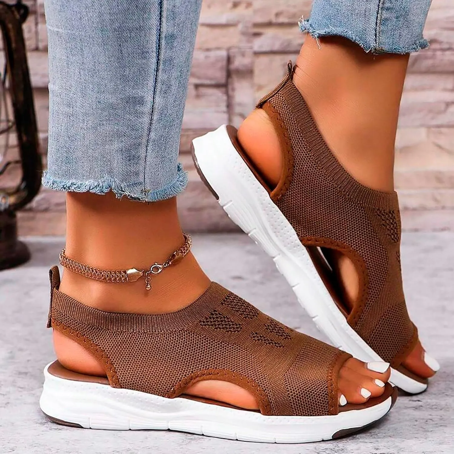 Womens Orthopedic Platform Wedge Walking Sandals with Elastic Ankle Strap Open Toe Breathable Mesh Slingback Casual Knit Flat Sandals Sports Shoes for Athletic Summer Beach Dressy