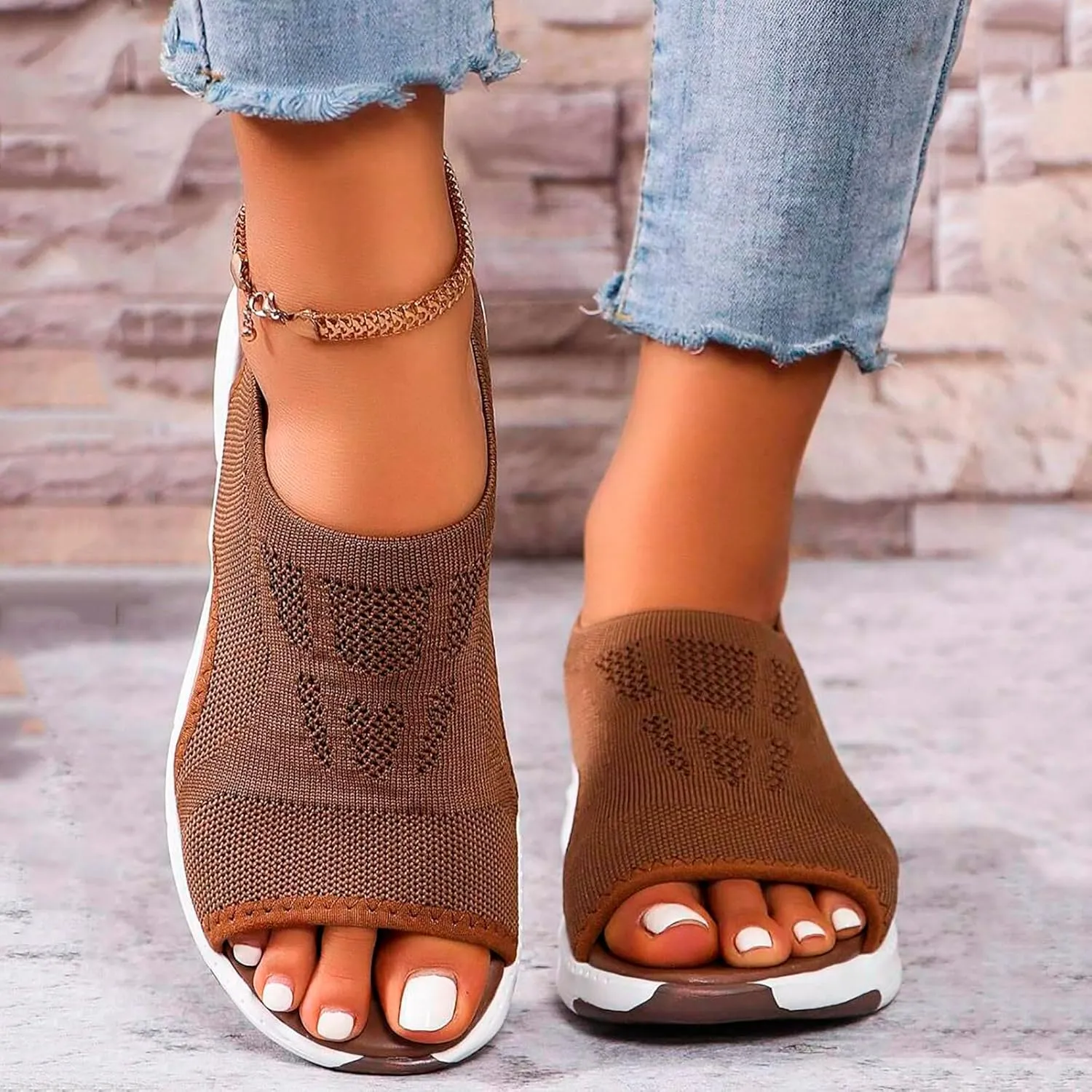 Womens Orthopedic Platform Wedge Walking Sandals with Elastic Ankle Strap Open Toe Breathable Mesh Slingback Casual Knit Flat Sandals Sports Shoes for Athletic Summer Beach Dressy