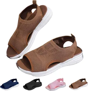 Womens Orthopedic Platform Wedge Walking Sandals with Elastic Ankle Strap Open Toe Breathable Mesh Slingback Casual Knit Flat Sandals Sports Shoes for Athletic Summer Beach Dressy