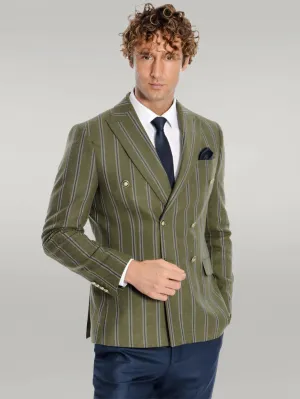 WSS Wide Lapel Striped Double Breasted Green Men Blazer  - Singen